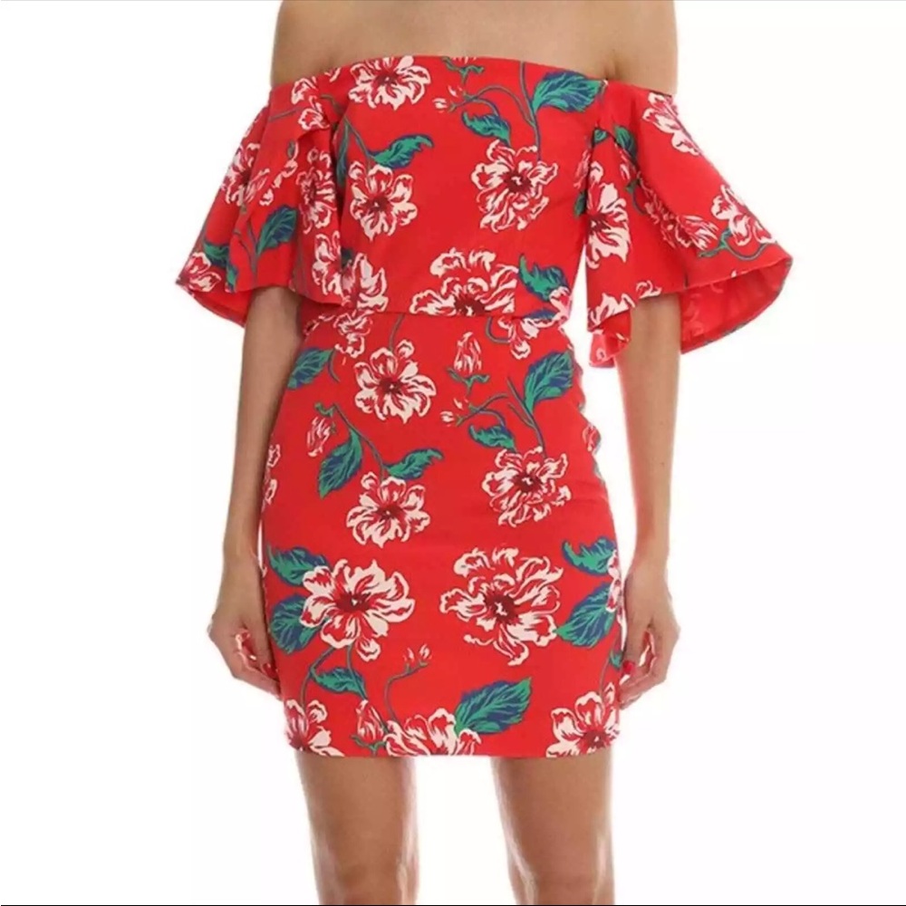 NWOT Women's Nicholas Floral Tuck Sleeve Dress In Red 6